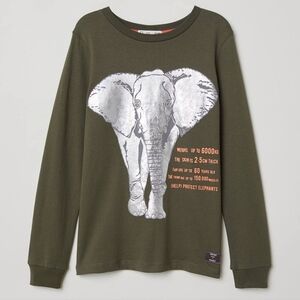 H&M Organic Cotton Animal Planet Elephant Long Sleeved Shirt Olive Green 2-4Year